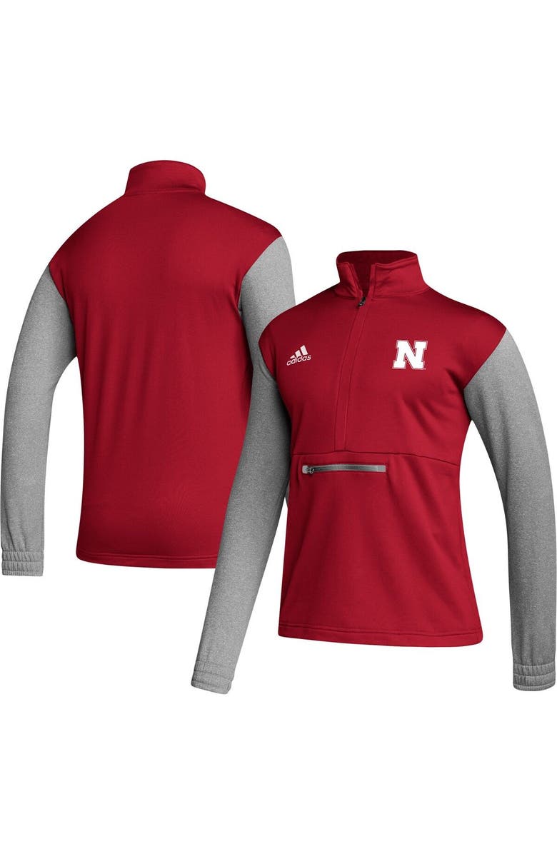 adidas Men's adidas Scarlet/Heathered Gray Nebraska Huskers Team AEROREADY Half-Zip Top, Main, color, Scarlet
