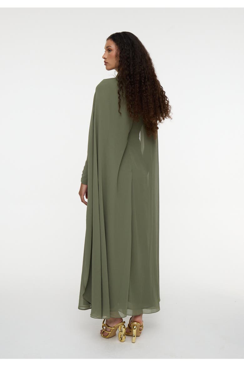 Modest Chiffon Dress Maxi With Cape Style and Bow, Alternate, color, OLIVE