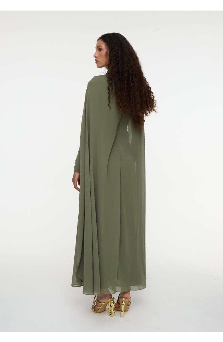MARYISA Modest Chiffon Dress Maxi With Cape Style and Bow, Alternate, color, Olive