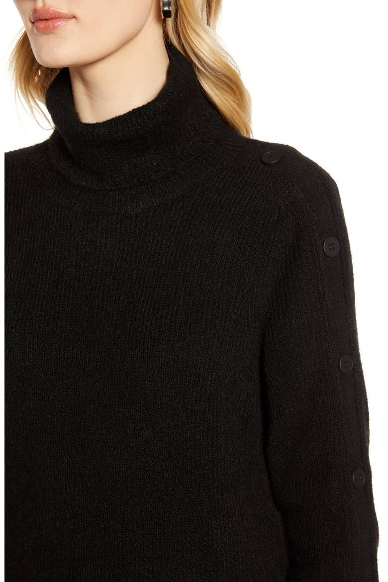 Button Sleeve Turtleneck Sweater, Alternate, color, BLACK