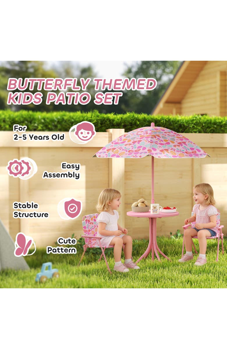 Qaba Kids Outdoor Picnic Table with Foldable Chairs and Removable Umbrella, Alternate, color, Pink