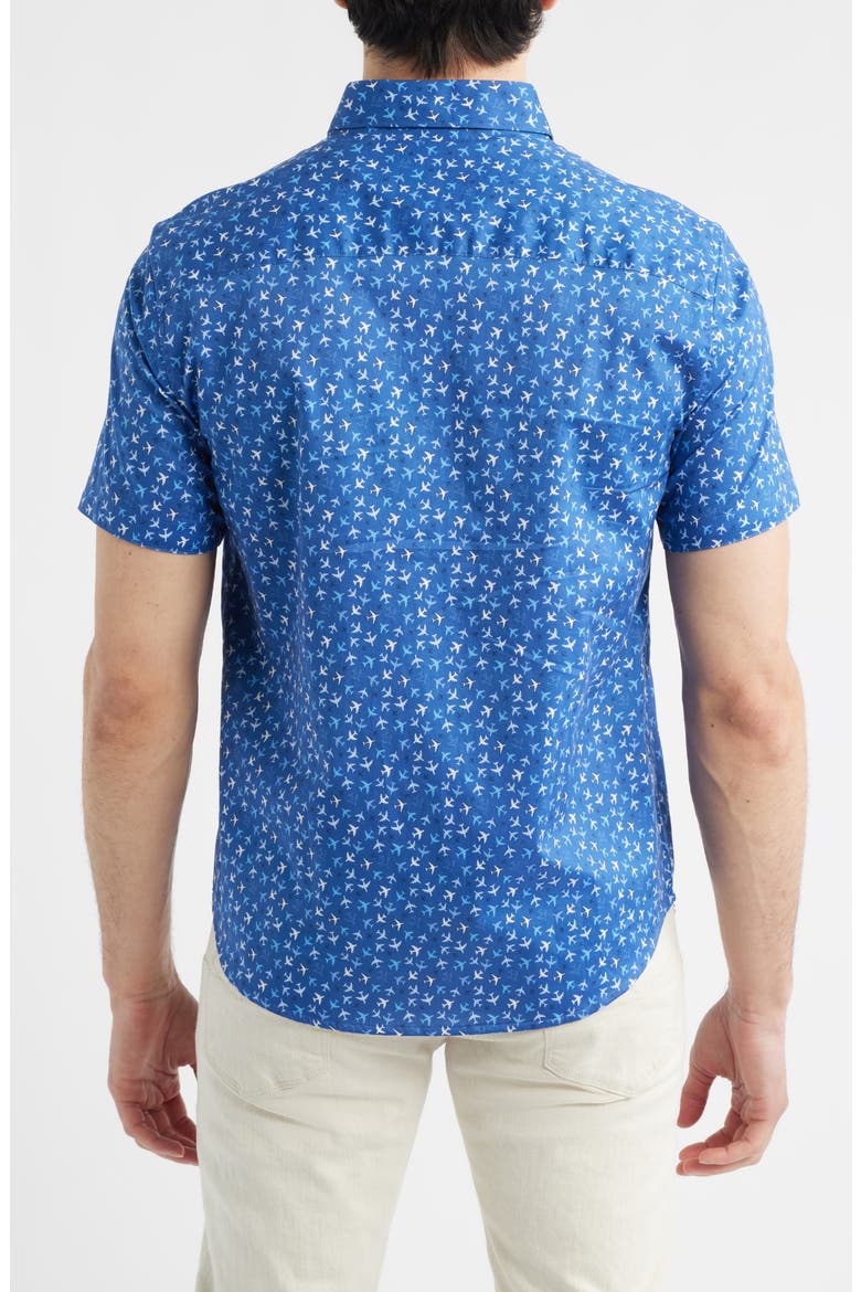 Logan Airplane Print Short Sleeve Cotton Blend Button-Up Shirt, Alternate, color, NAVY FLIGHT PATHS