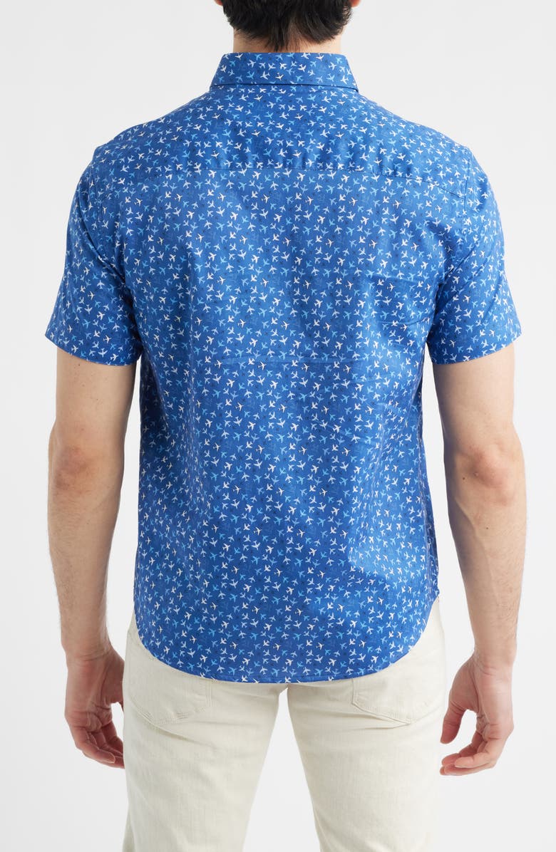 Johnston & Murphy Logan Airplane Print Short Sleeve Cotton Blend Button-Up Shirt, Alternate, color, Navy Flight Paths