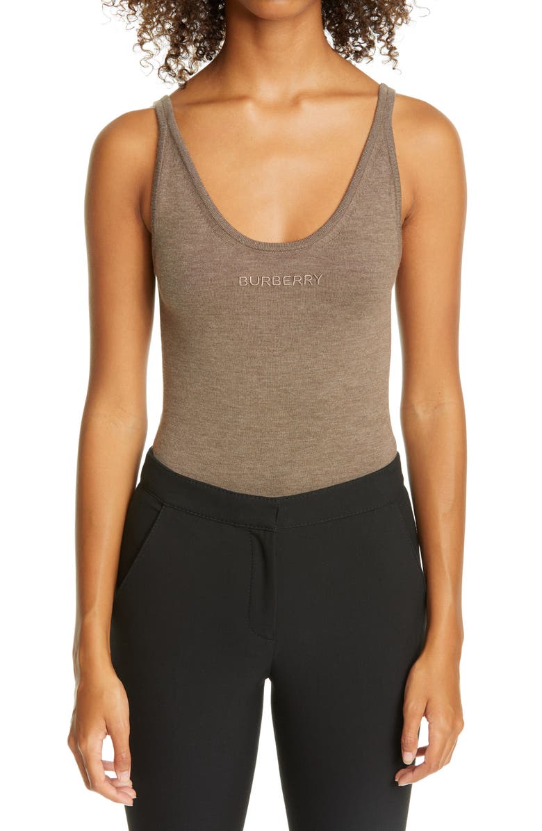 Burberry Logo Embroidered Cashmere Blend Bodysuit, Main, color, 