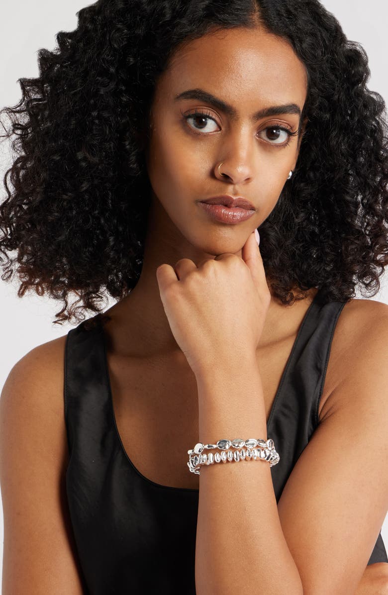 Open Edit Set of 2 Pebble & Disc Beaded Stretch Bracelets, Alternate, color, Silver