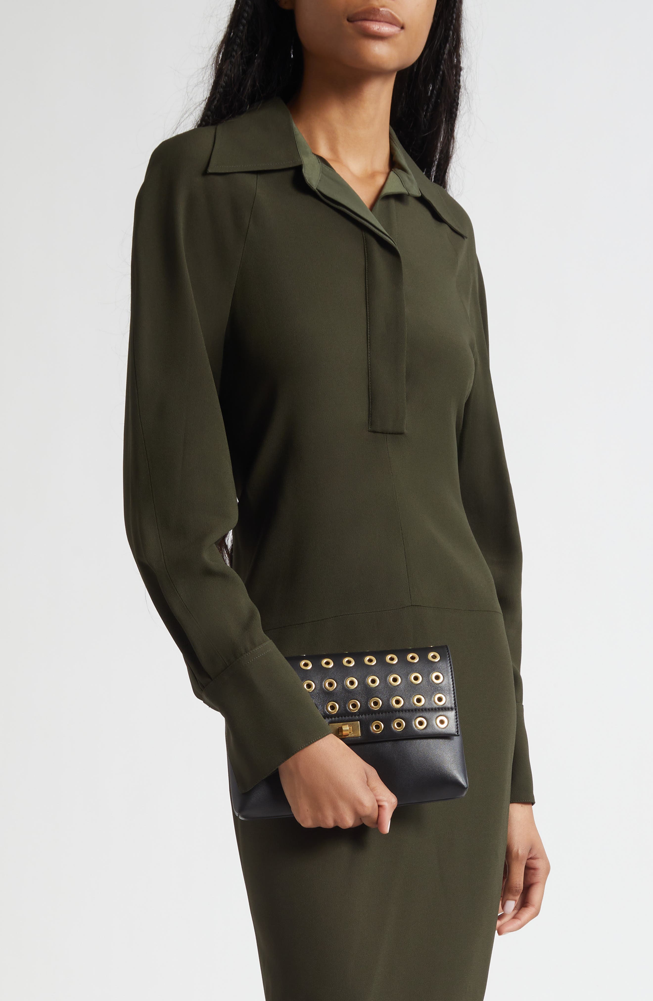 Anya Hindmarch Valorie Eyelet Leather Clutch, Alternate, color, Black