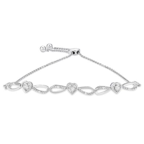 Silver 1/10 Cttw Diamond Triple Heart-in-Infinity Bolo Style Adjustable Bracelet