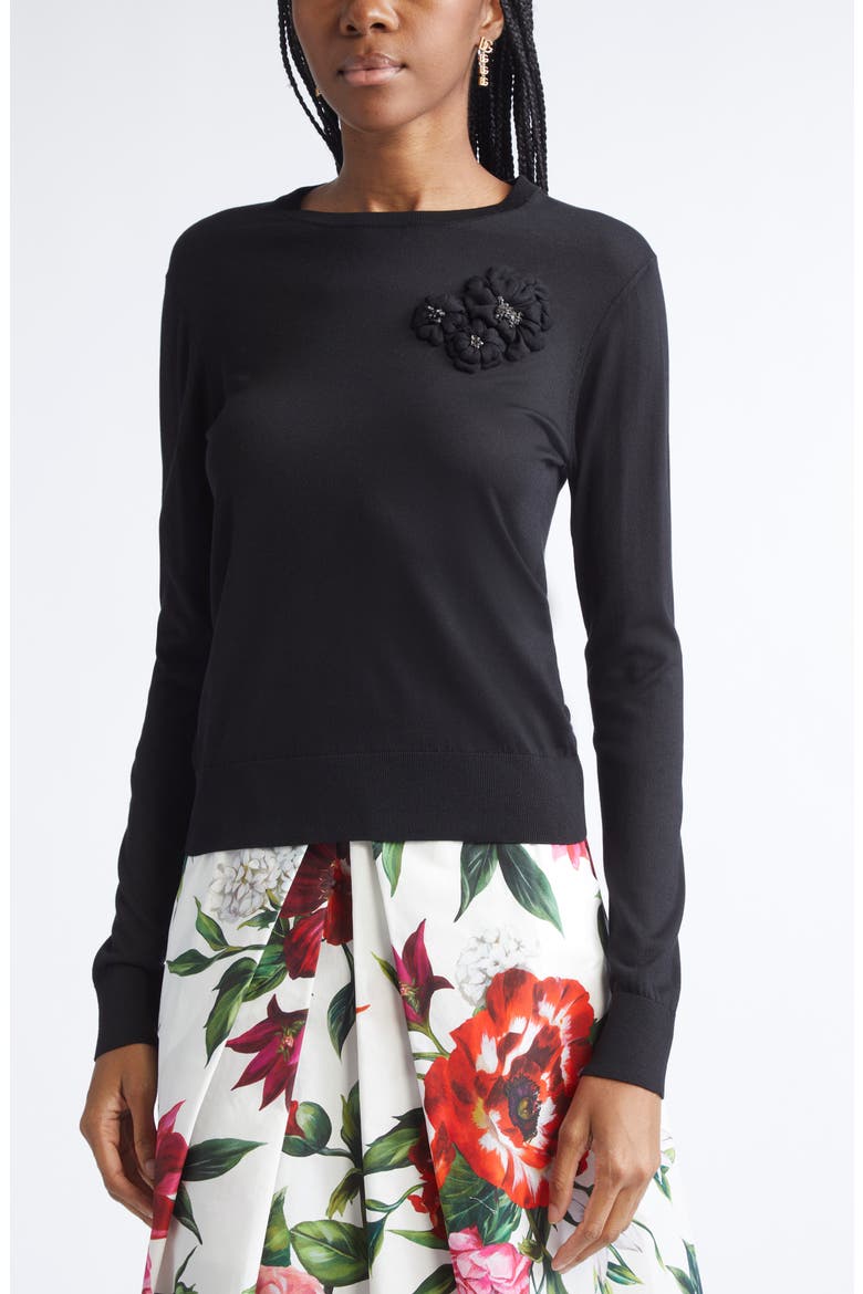 Floral Appliqué Silk Sweater, Alternate, color, N0000 NERO