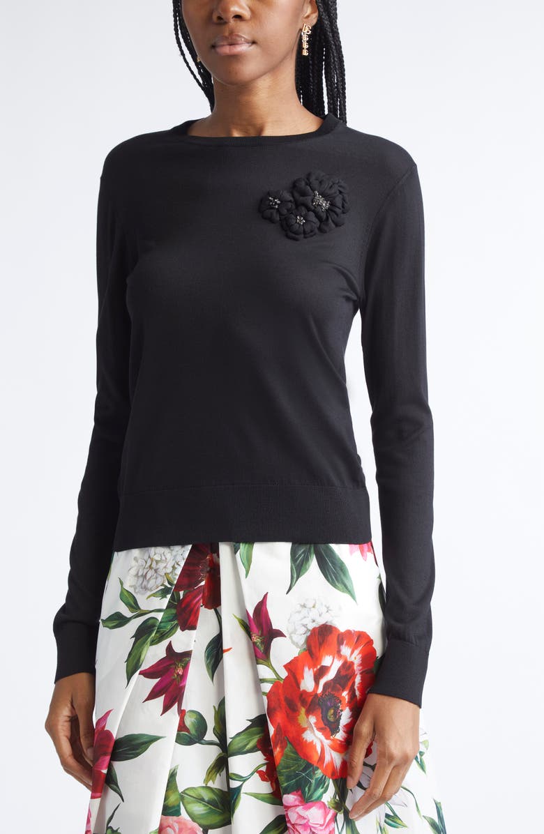 Dolce&Gabbana Floral Appliqué Silk Sweater, Alternate, color, N0000 Nero