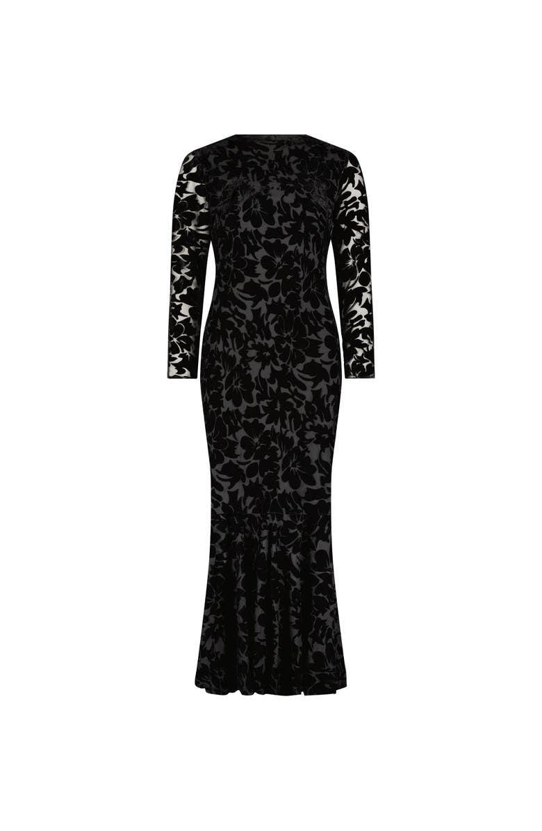 Mac Duggal Burnout Velvet Long Sleeve Ruffle Hem Midi Dress, Alternate, color, Black