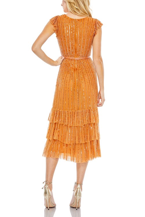 Mac Duggal Sequined Wrap Over Cap Sleeve Ruffle Hem Dress