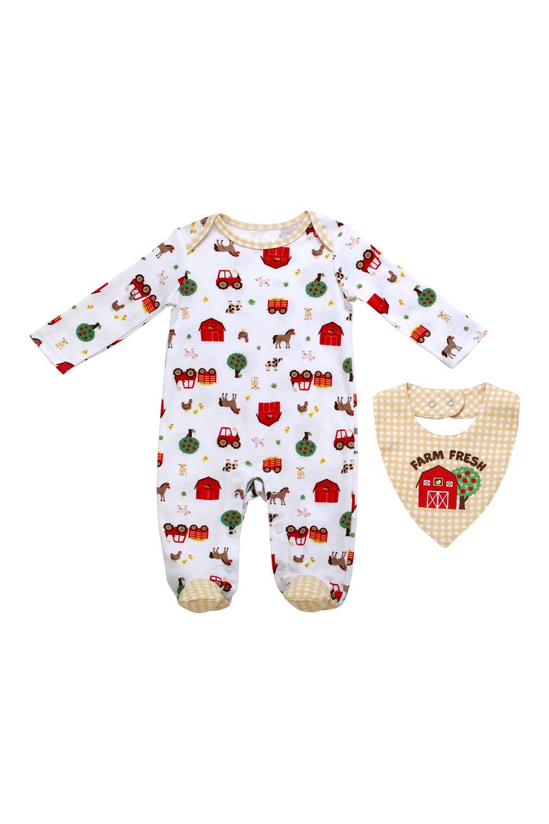 Farm Print Footie & Matching Bib Set, Main, color, WHITE