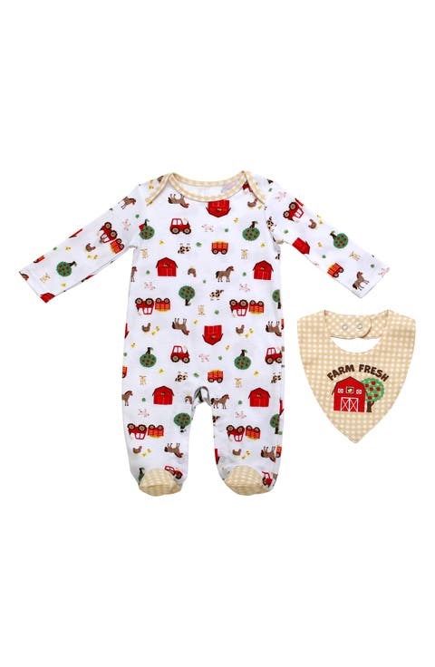 Farm Print Footie & Matching Bib Set (Baby)