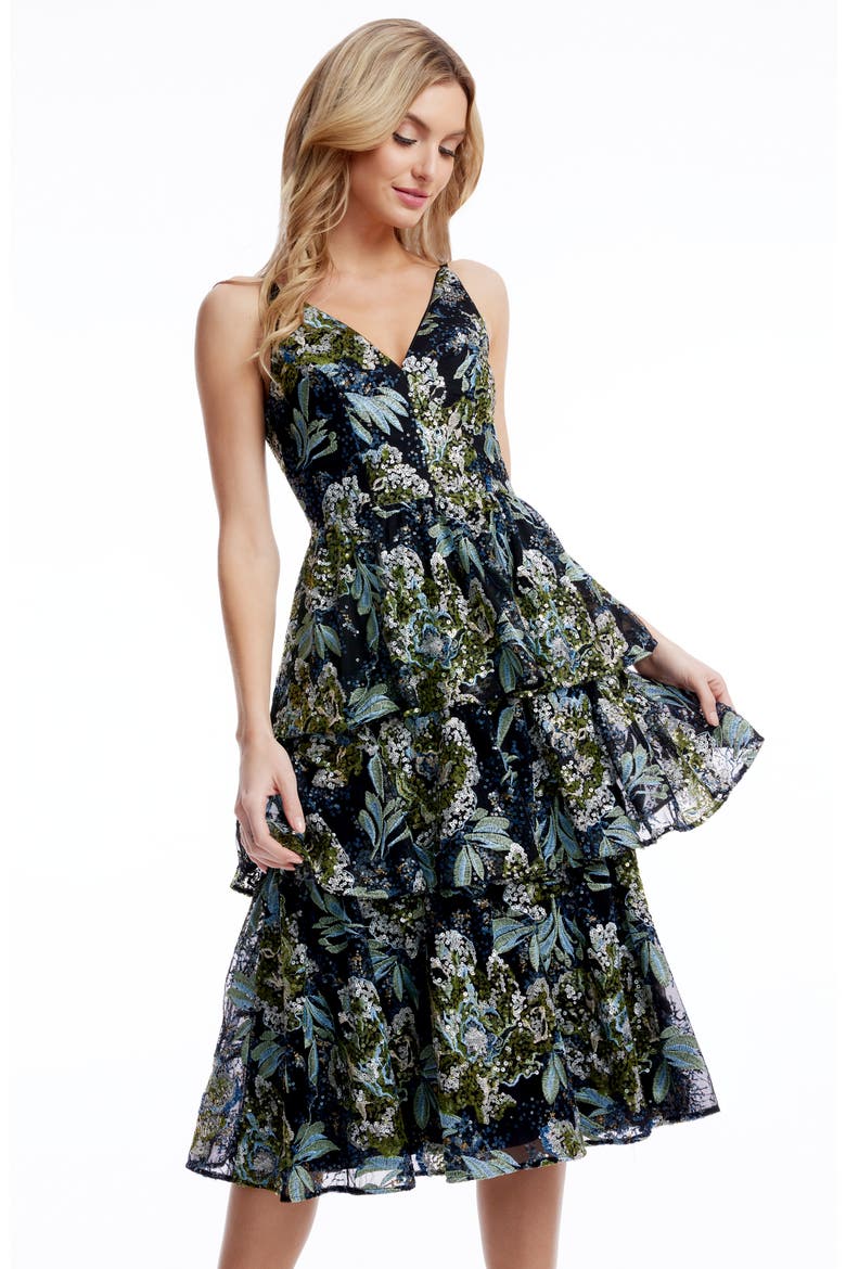Lorelai Sequin Floral Tiered Cocktail Dress, Alternate, color, BLACK MULTI