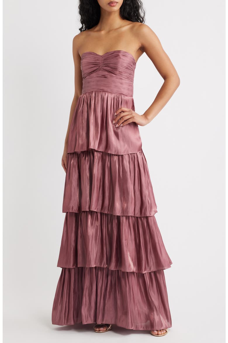 Bella Tiered Strapless Gown, Main, color, DARK ROSE