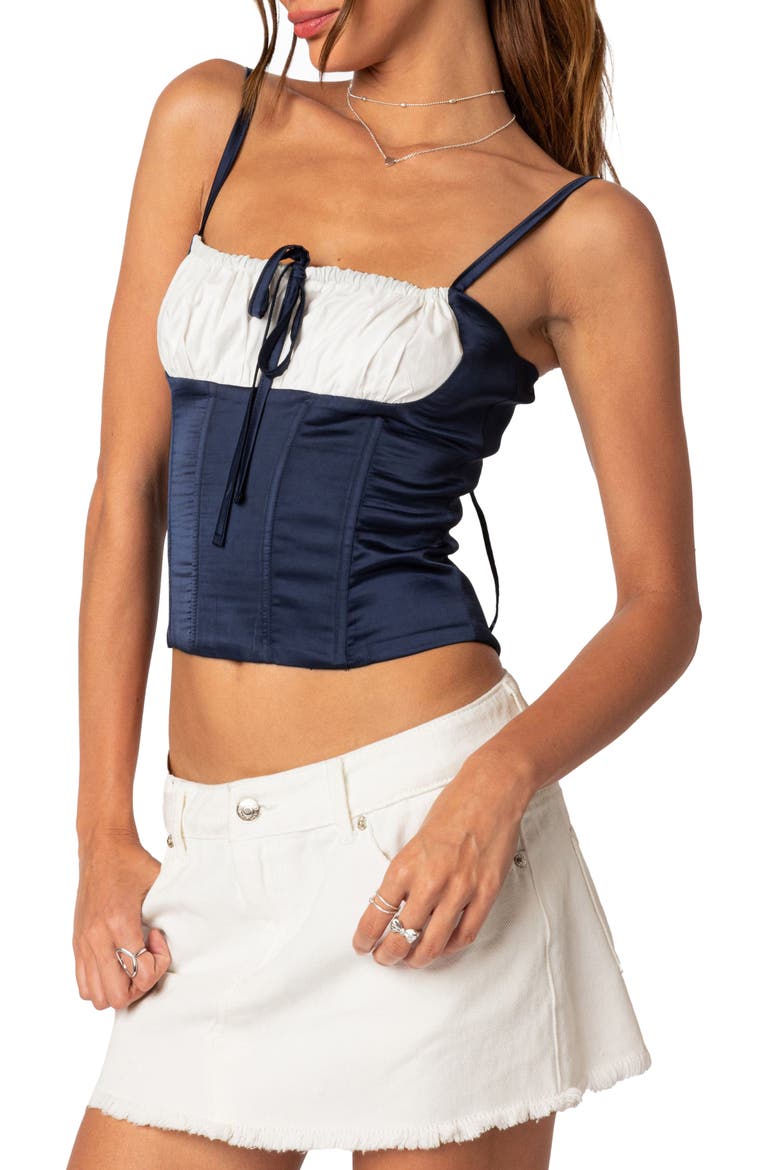 Arabelle Colorblock Lace-Up Satin Corset Top, Alternate, color, NAVY