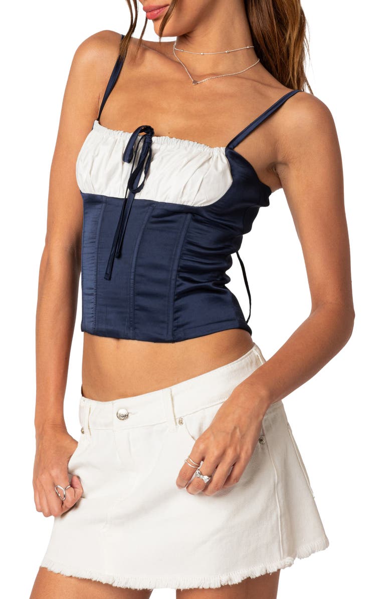 EDIKTED Arabelle Colorblock Lace-Up Satin Corset Top, Alternate, color, Navy