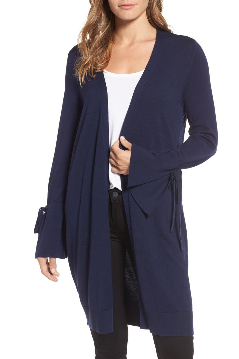 Lightweight Tie Sleeve Cardigan, Main, color, NAVY PEACOAT