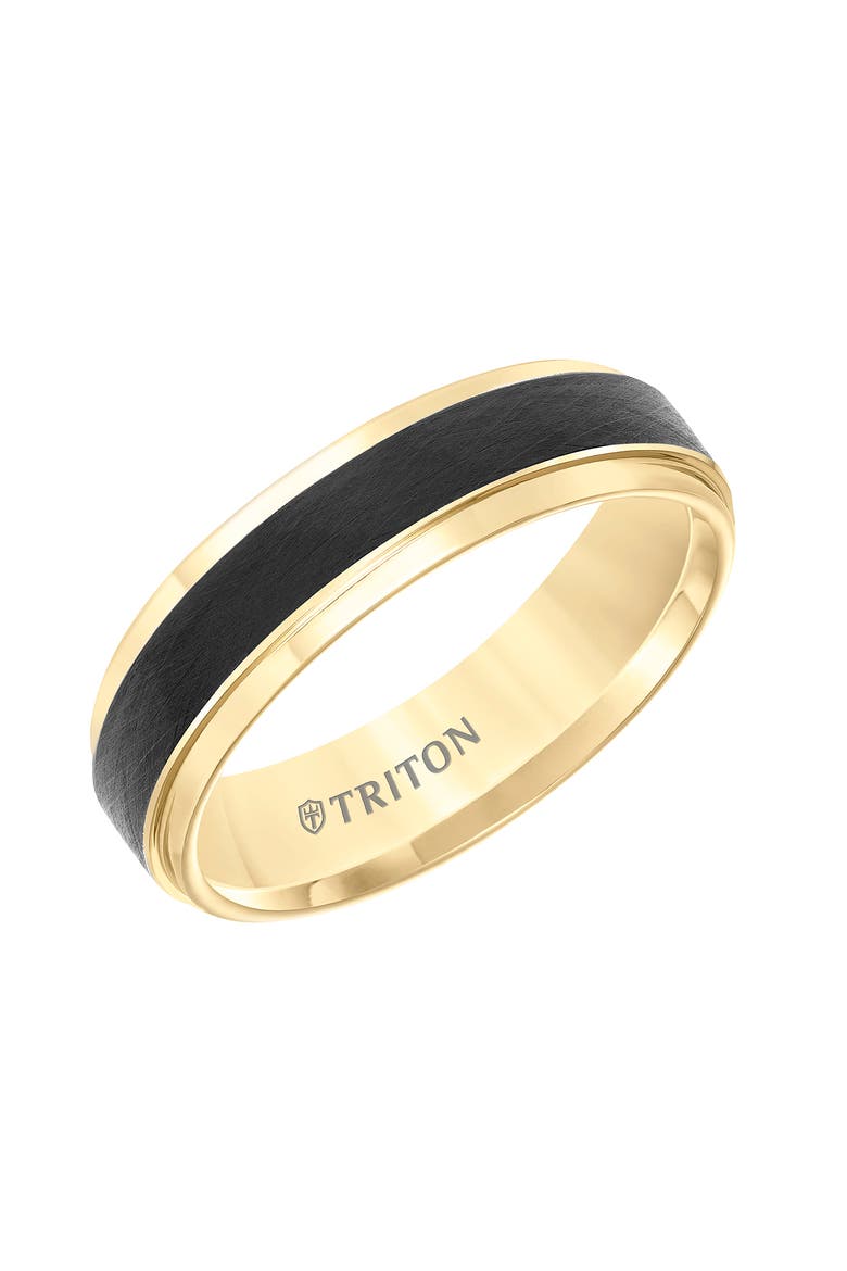 6MM Tungsten Carbide Ring with Black Crystalline Center and Bevel Edge, Main, color, Metallic Gold