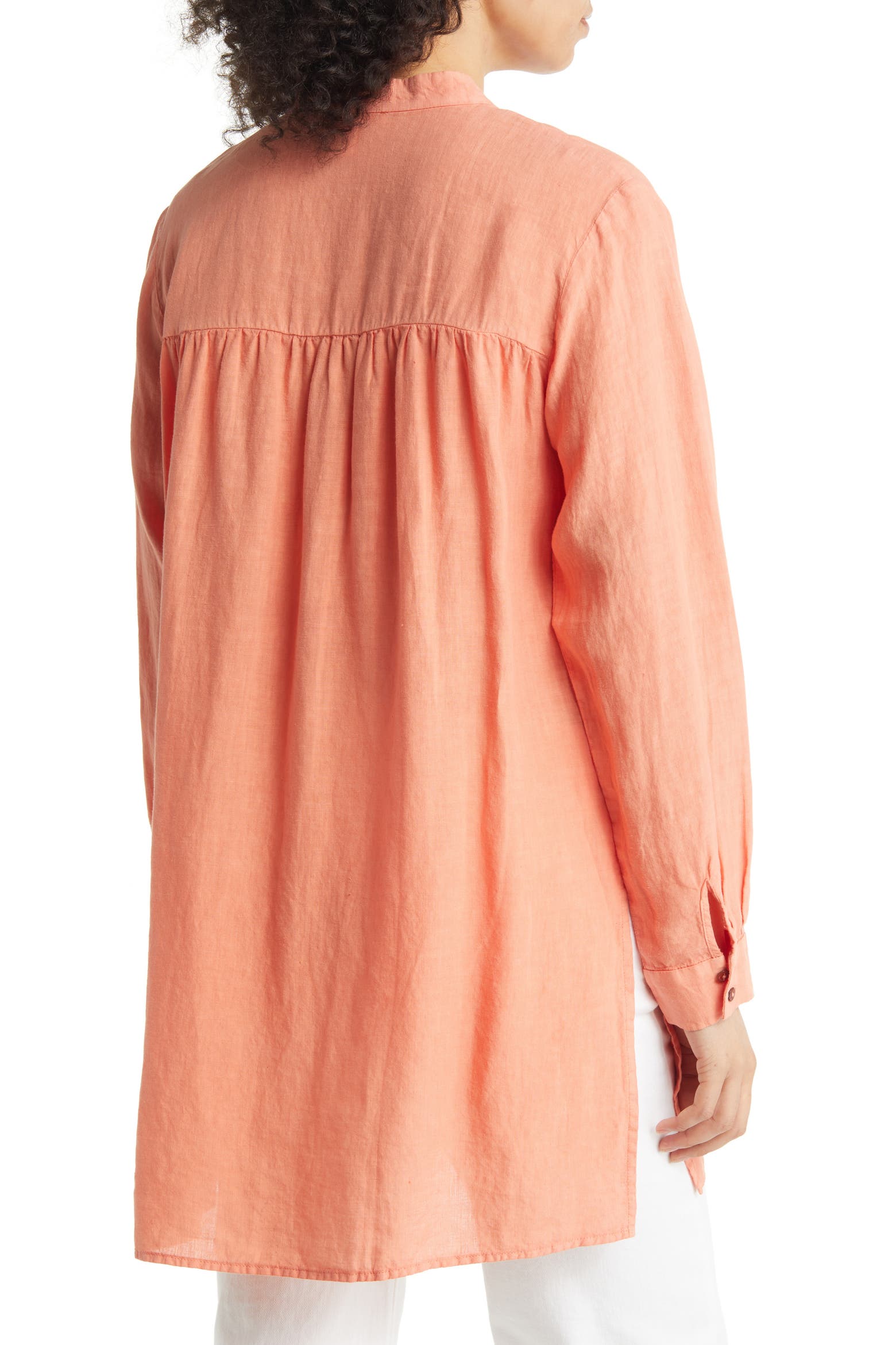 Clean Line N Rack Eileen Fisher Band Collar Easy Long Linen Shirt (Women) | Nordstromrack