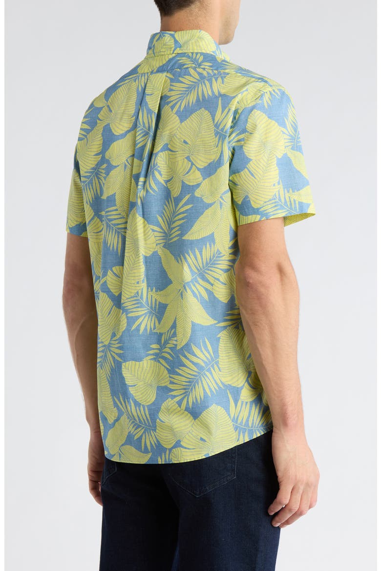 Regular Fit Leaf Print Short Sleeve Cotton Button-Down Shirt, Alternate, color, BLUE YELLOW