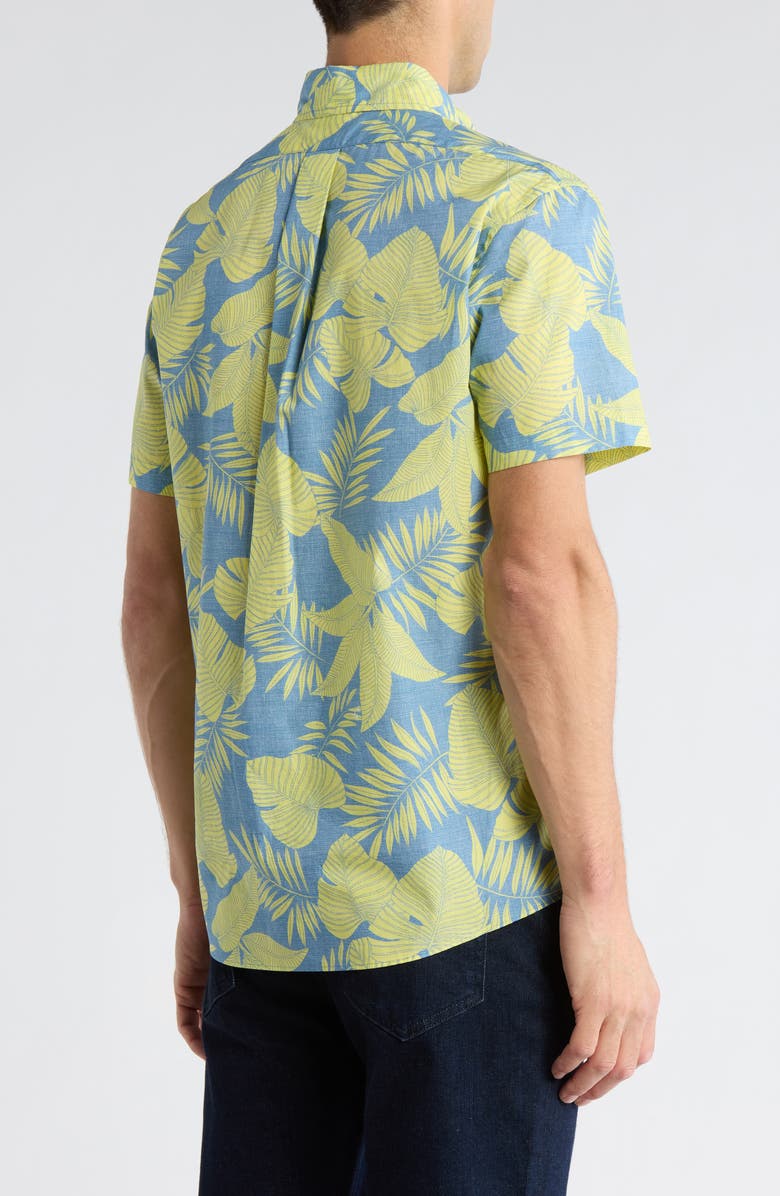 Brooks Brothers Regular Fit Leaf Print Short Sleeve Cotton Button-Down Shirt, Alternate, color, Blue Yellow