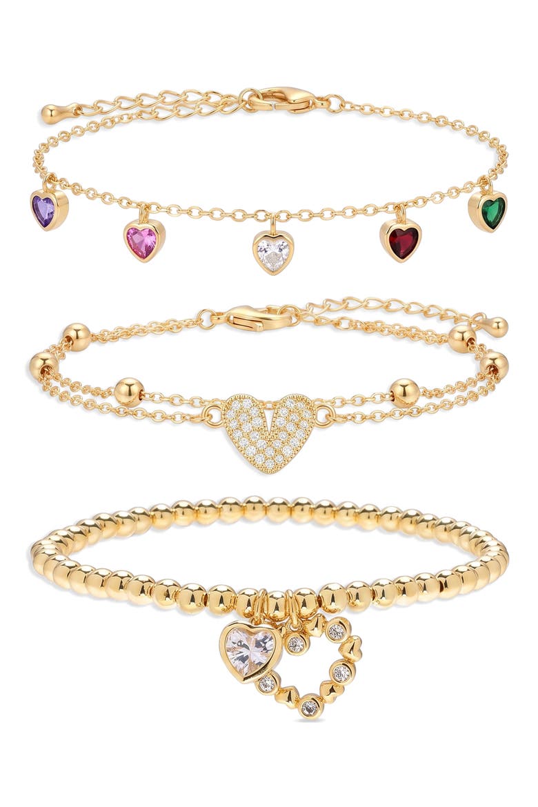 Set of 3 Cubic Zirconia Heart Charm Bracelets, Main, color, GOLD