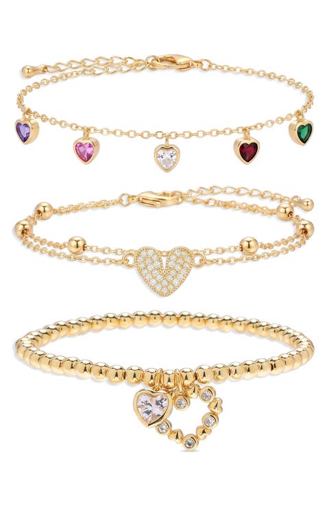 Set of 3 Cubic Zirconia Heart Charm Bracelets
