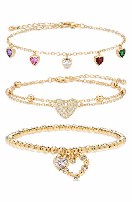 Set of 3 Cubic Zirconia Heart Charm Bracelets