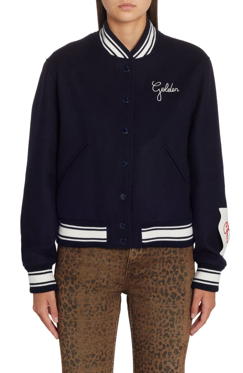 Golden Goose Dirce Embroidered Logo Wool Blend Bomber Jacket, Main, color,