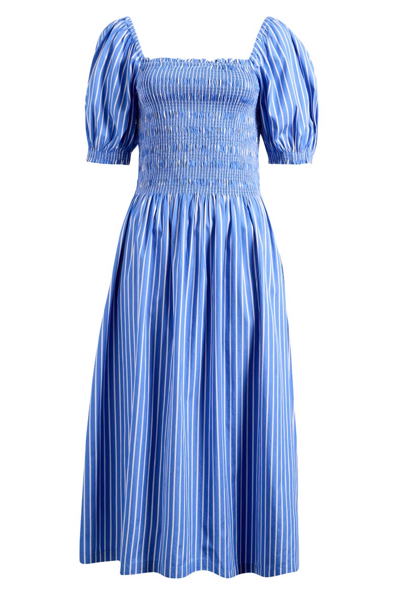 Smocked Puff Sleeve Midi Dress in Stripe Poplin, Alternate, color, WATERFALL