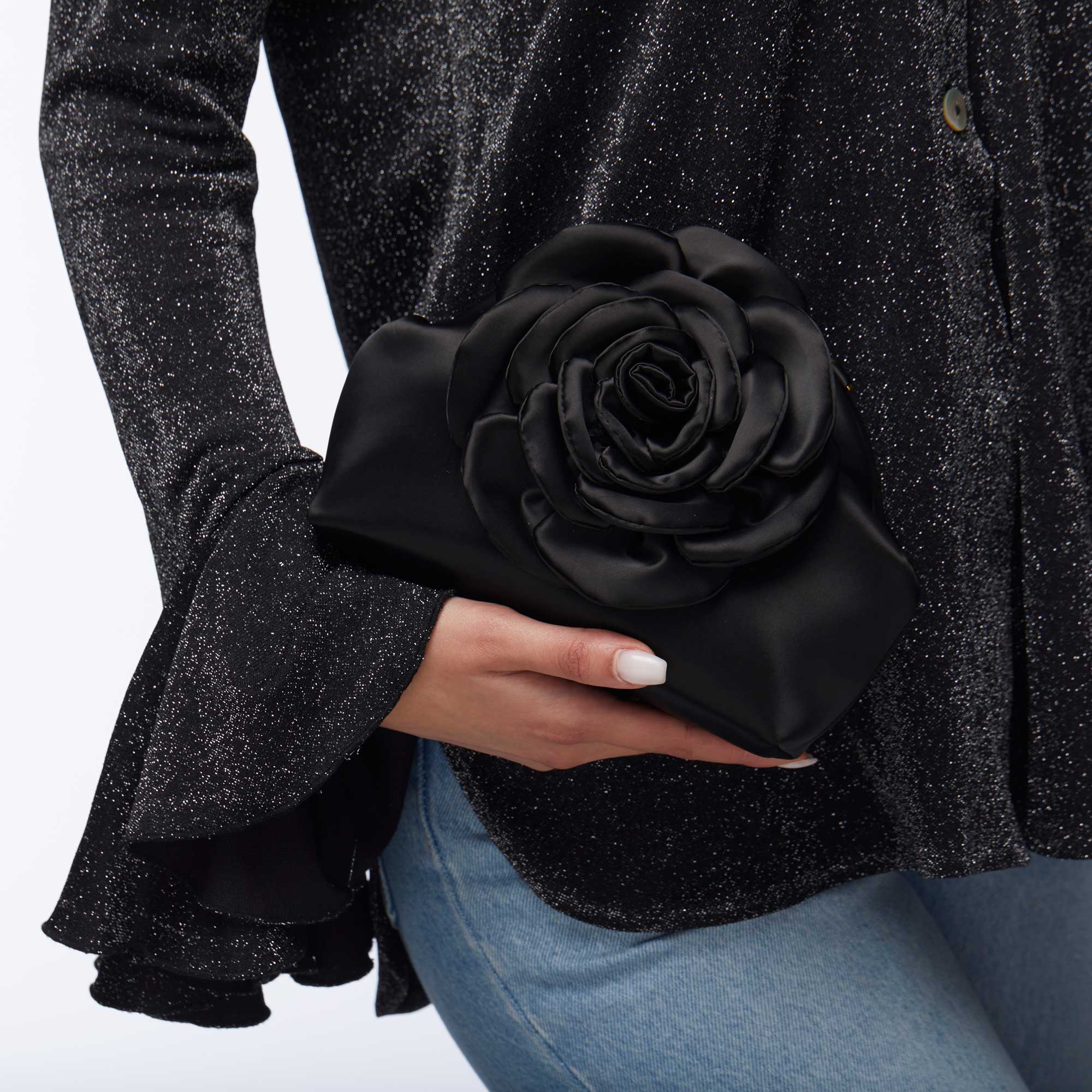 Lele Sadoughi Rosie Satin Clutch, Alternate, color, Jet