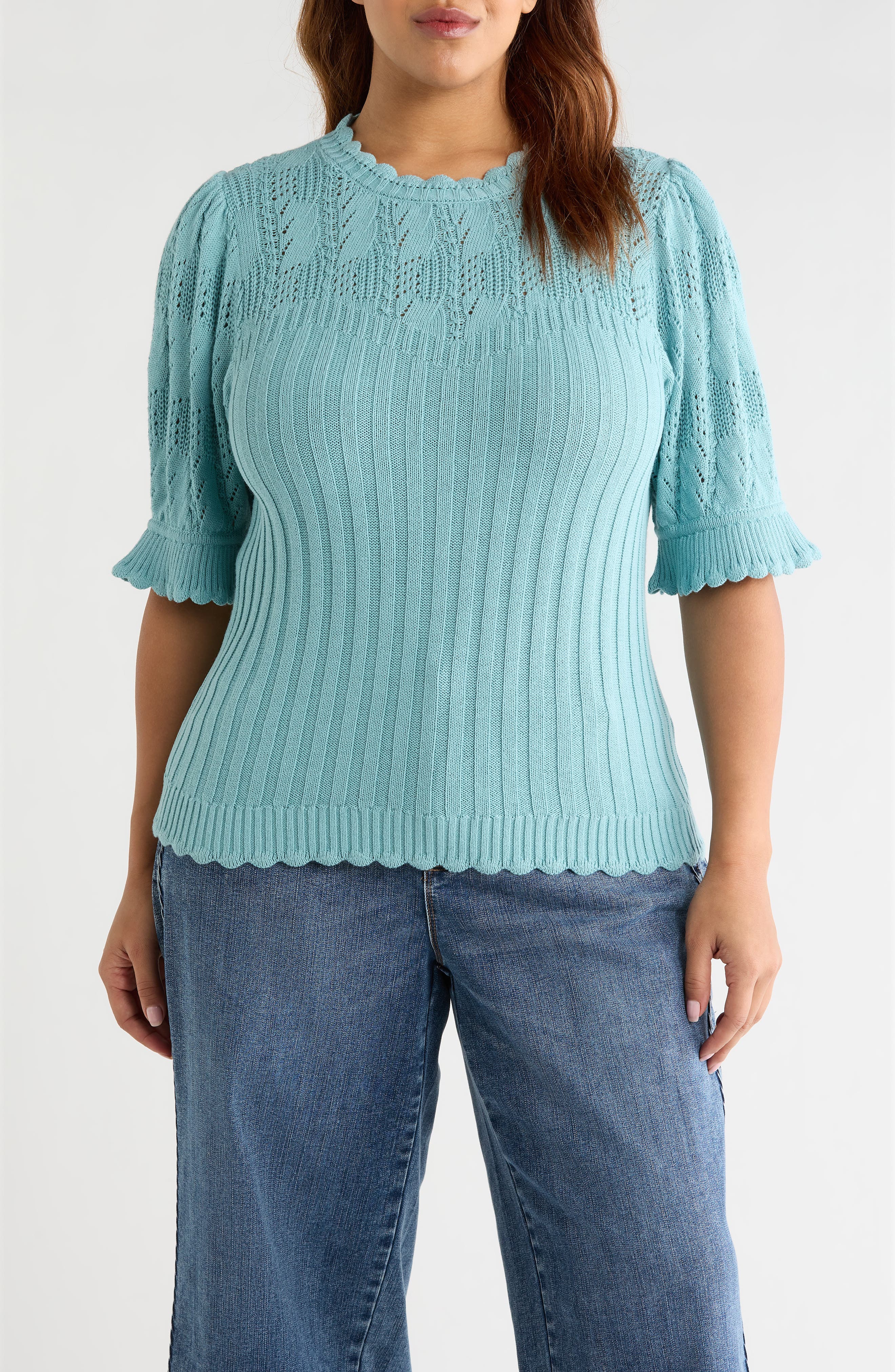 Frill Sleeve Mixed Stitch Cotton Blend Sweater - image 3