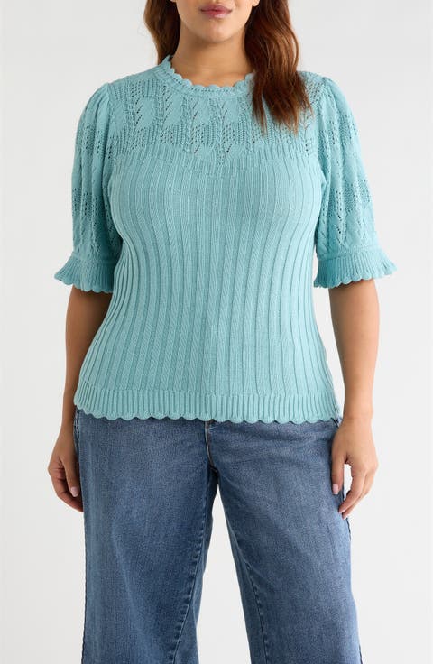 Frill Sleeve Mixed Stitch Cotton Blend Sweater (Plus)