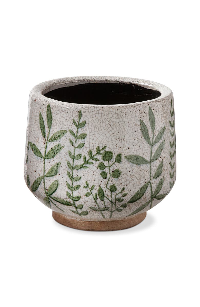 tag Foliage Printed Glazed Terracotta Footed Planter Large, Main, color, Green