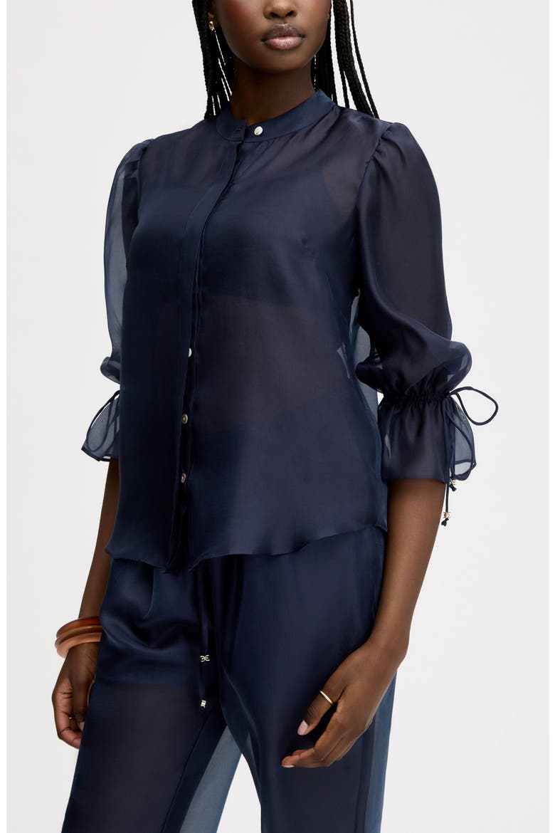 Semi Sheer Button-Up Tie Cuff Top, Alternate, color, NAVY