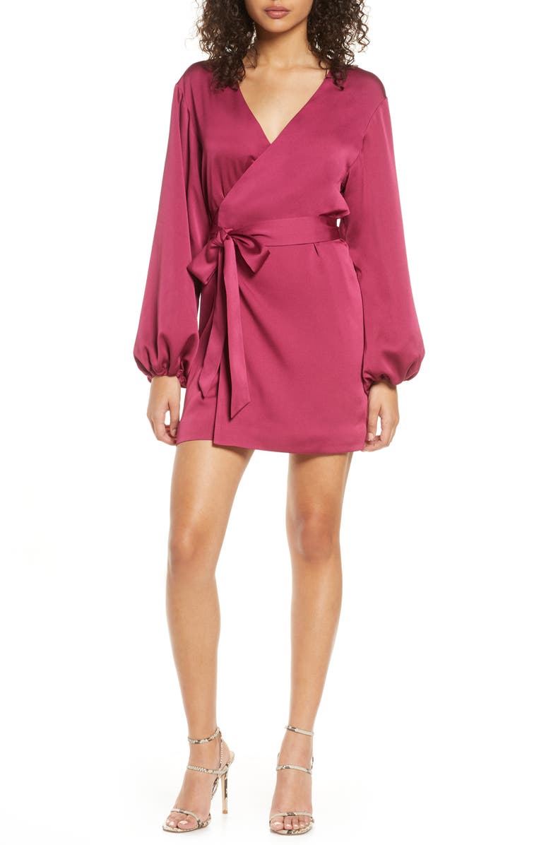 Bellevue The Label Aurora Long Sleeve Satin Wrap Minidress, Main, color,