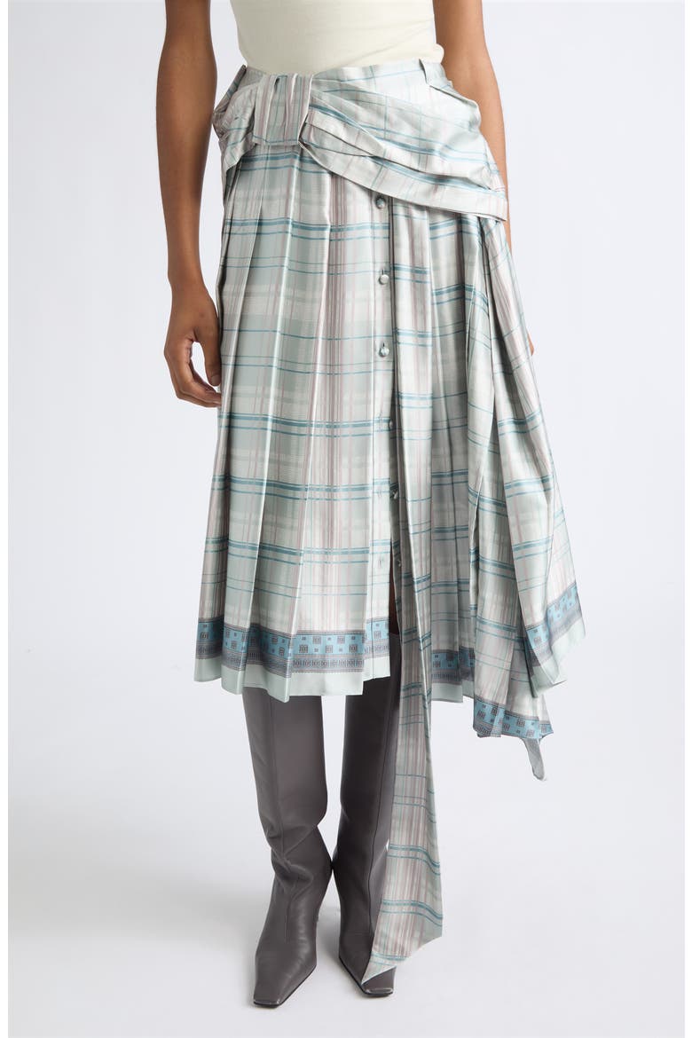 Icony Plaid Bow Pleated Silk Skirt, Main, color, AQUA BLUE