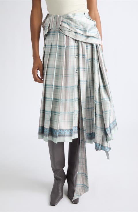Icony Plaid Bow Pleated Silk Skirt
