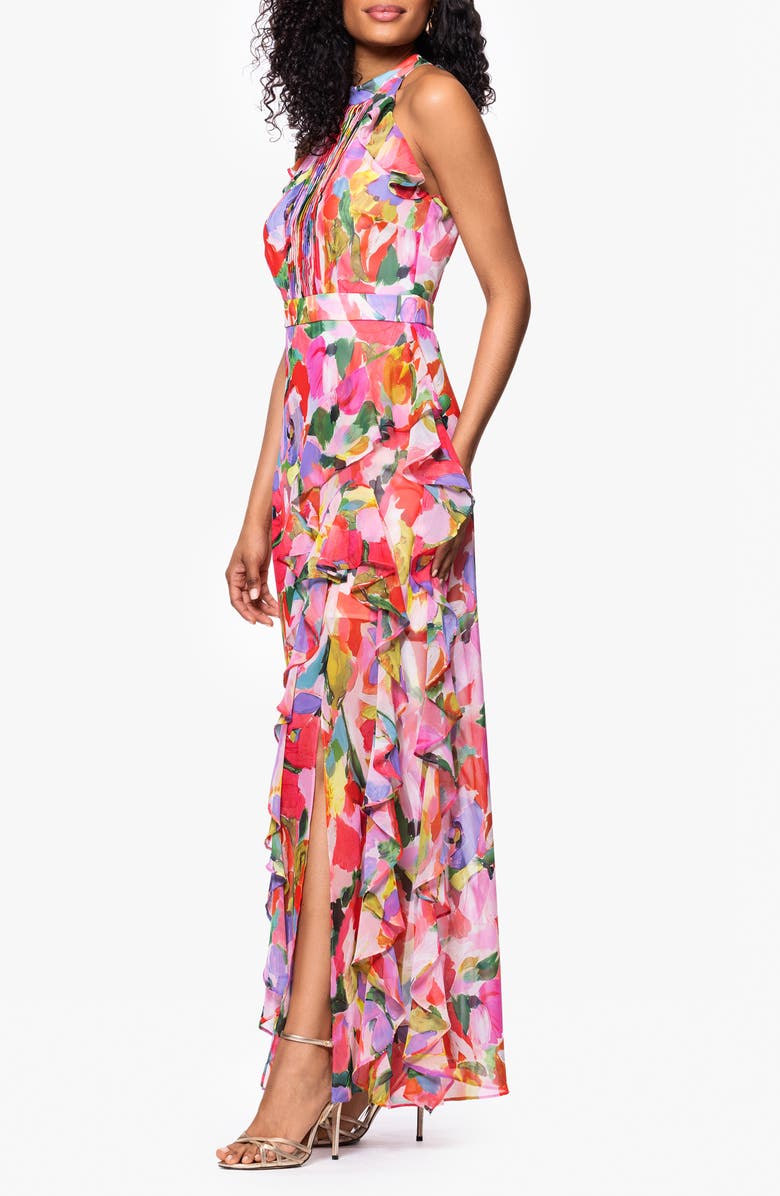Betsy & Adam Floral High Neck Sheath Gown, Alternate, color, Pink Multi