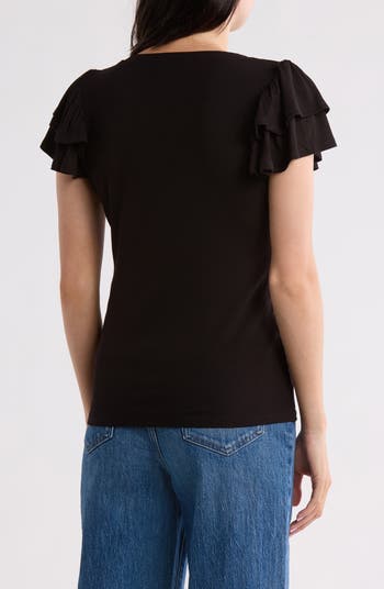 売れ筋商品|||ワンステイト カットソー トップス レディース Women's Flutter Sleeve Tie Neck Blouse Rich Black 1. STATE Flutter Sleeve Top in Rich Black | REVOLVE
