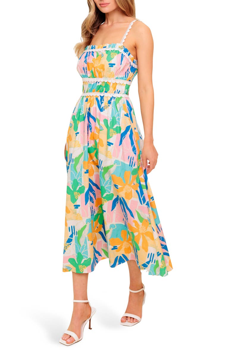 FLYING TOMATO Crochet Strap Fit & Flare Waist, Alternate, color, Pink/ Blue Multi