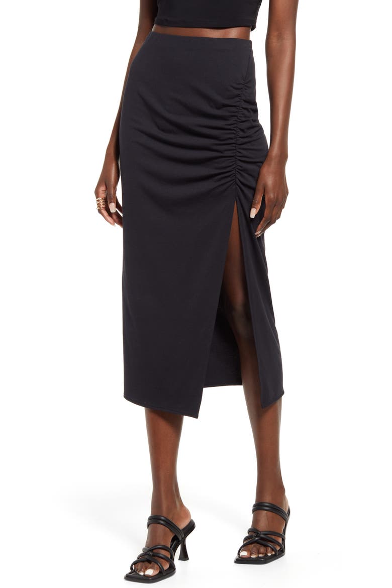 Ruched Knit Midi Skirt, Main, color, BLACK