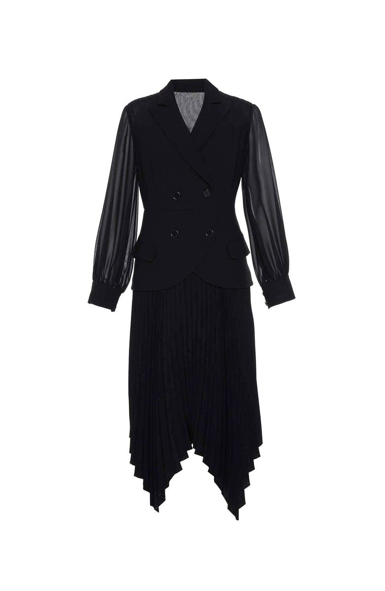 THEO The Label Atlas Crepe and Chiffon Pleated Dress, Main, color, Black