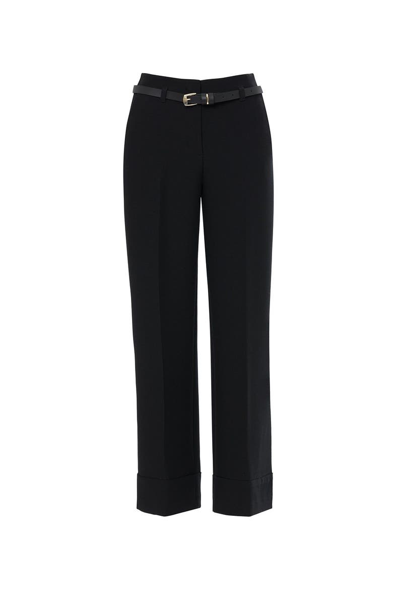 Belted Trousers with Double Hem, Main, color, Black