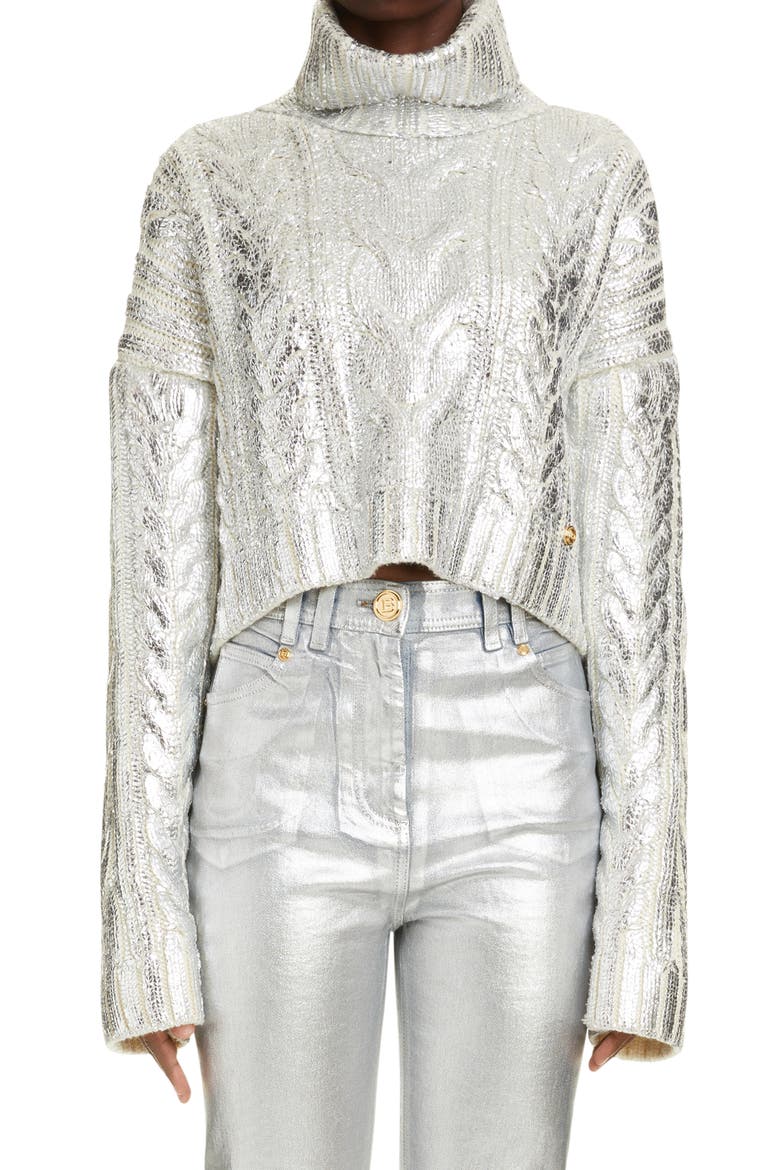 Metallic Cable Knit Crop Virgin Wool Blend Turtleneck Sweater, Main, color, GAC BLANC/ ARGENT