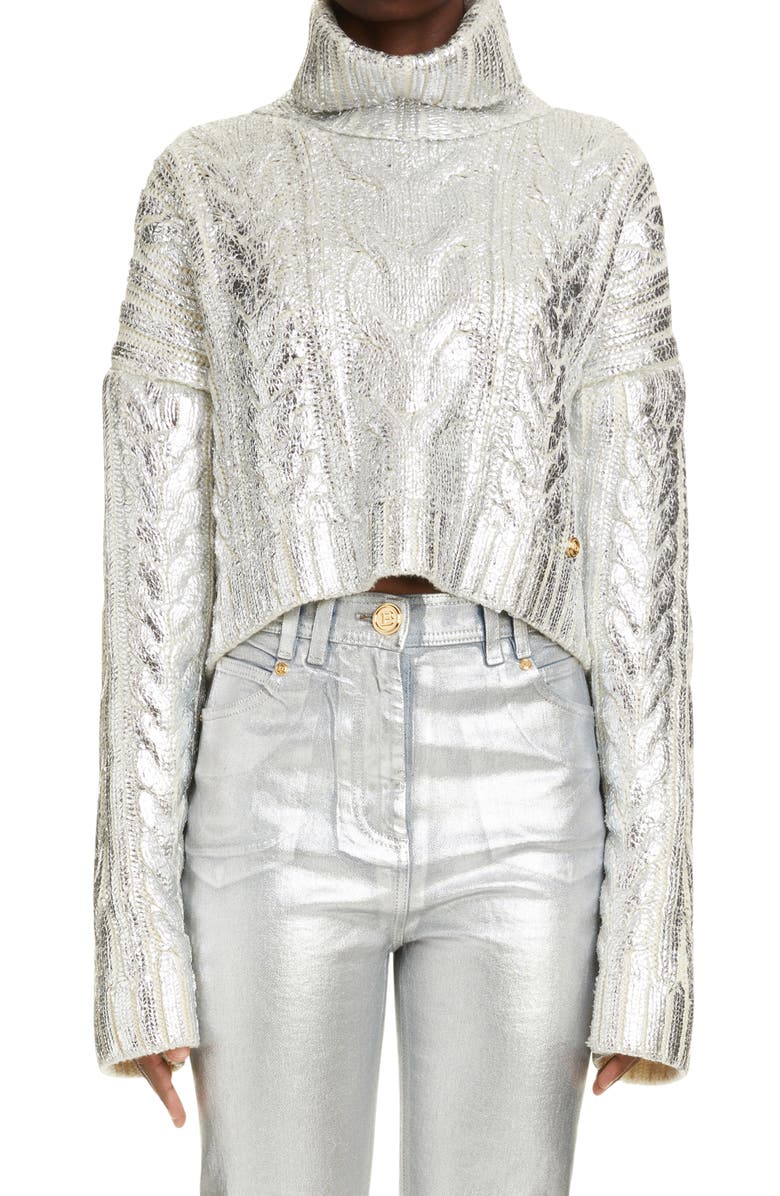 Balmain Metallic Cable Knit Crop Virgin Wool Blend Turtleneck Sweater, Main, color, 