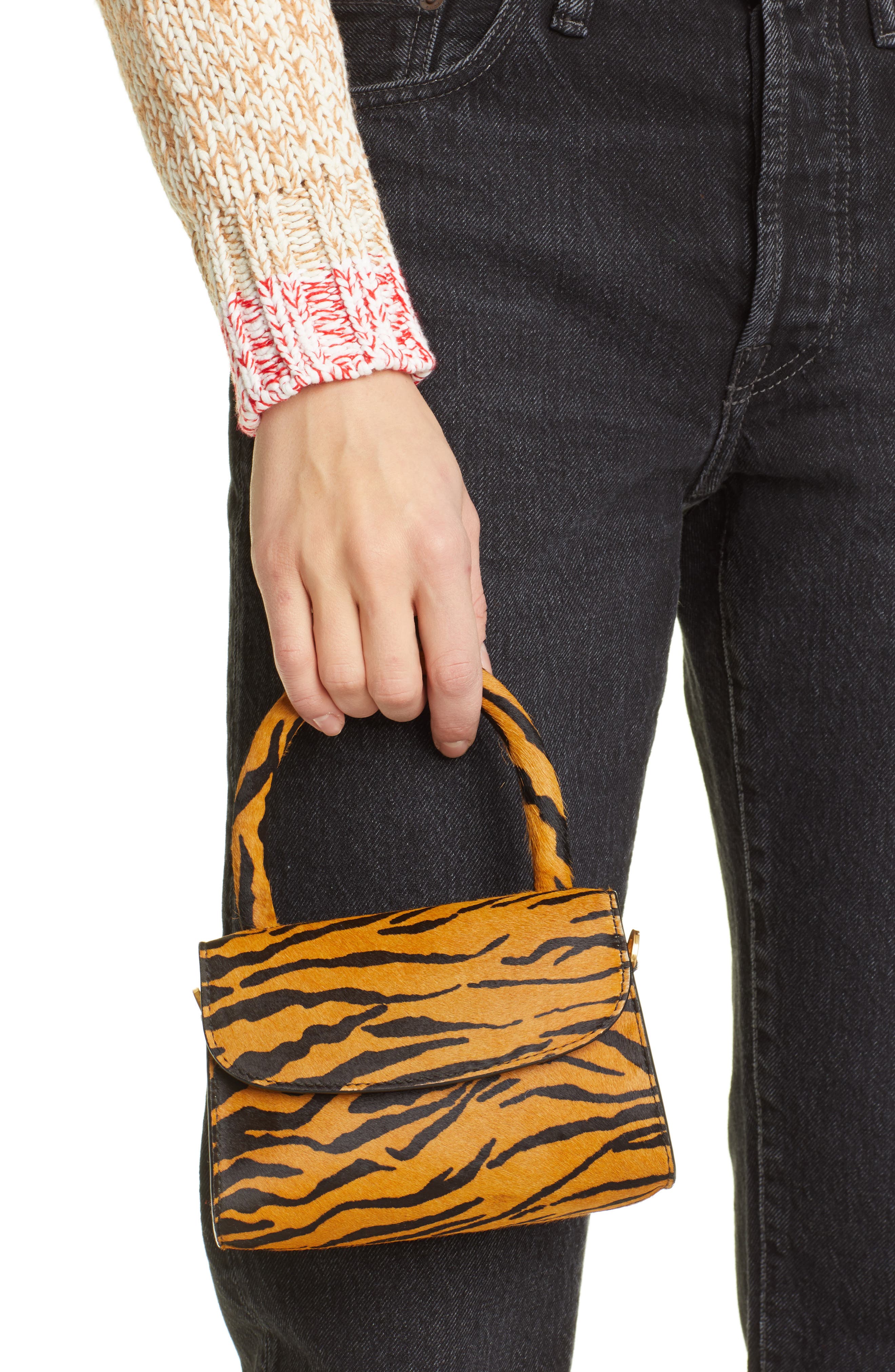 By Far Mini Tiger Print Genuine Calf Hair Top Handle Bag, Alternate, color, 