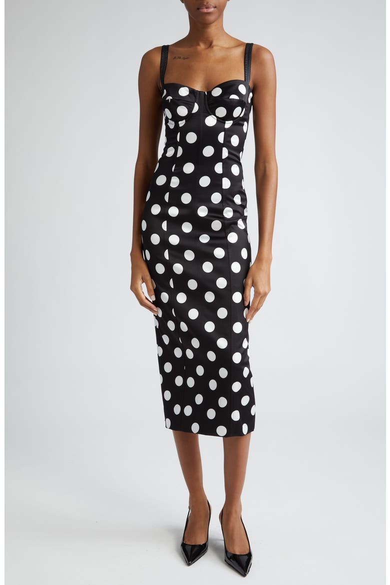 Polka Dot Ruched Satin Sheath Dress, Main, color, HNL2WPOIS BCO FDO.NERO