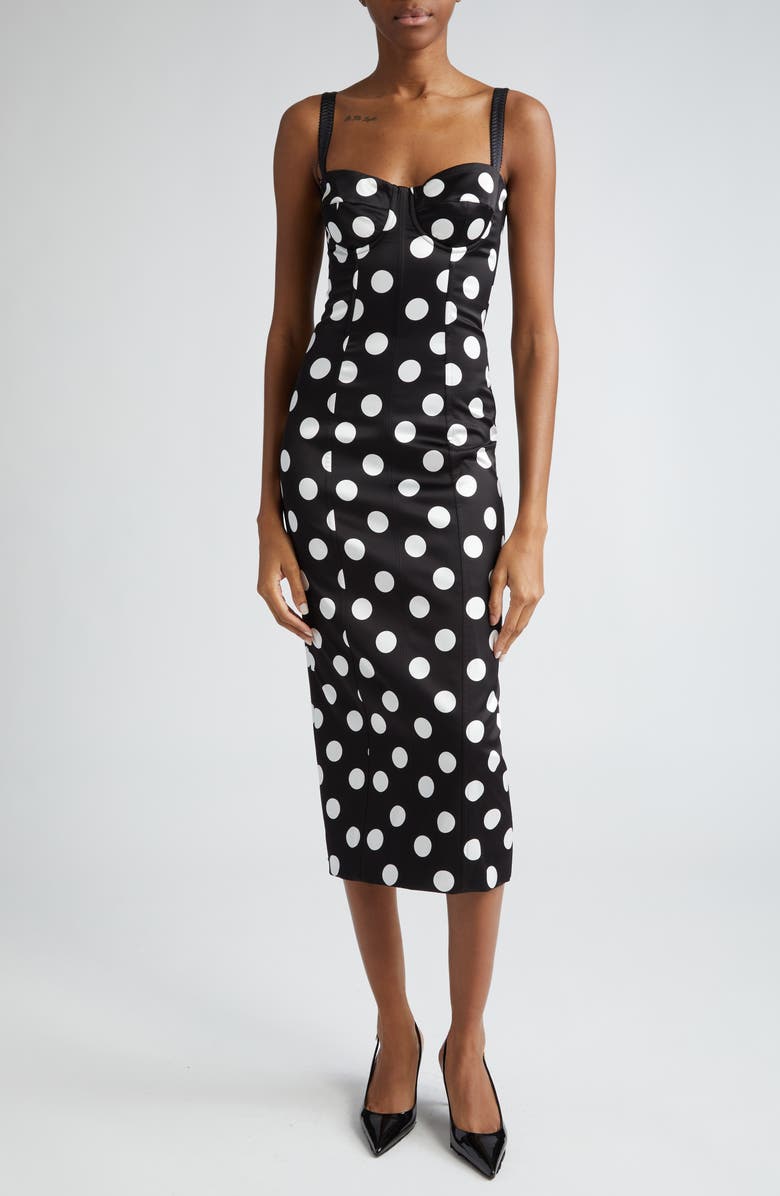 Dolce&Gabbana Polka Dot Ruched Satin Sheath Dress, Main, color, Hnl2wpois Bco Fdo.nero
